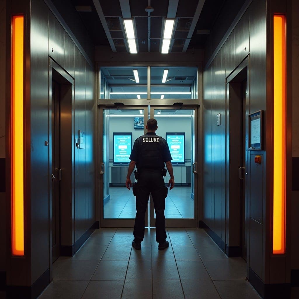 Security officer walking a lit corridor on patrol